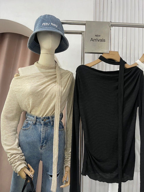 Women Off-Shoulder Long Sleeves Tops With Ribbons